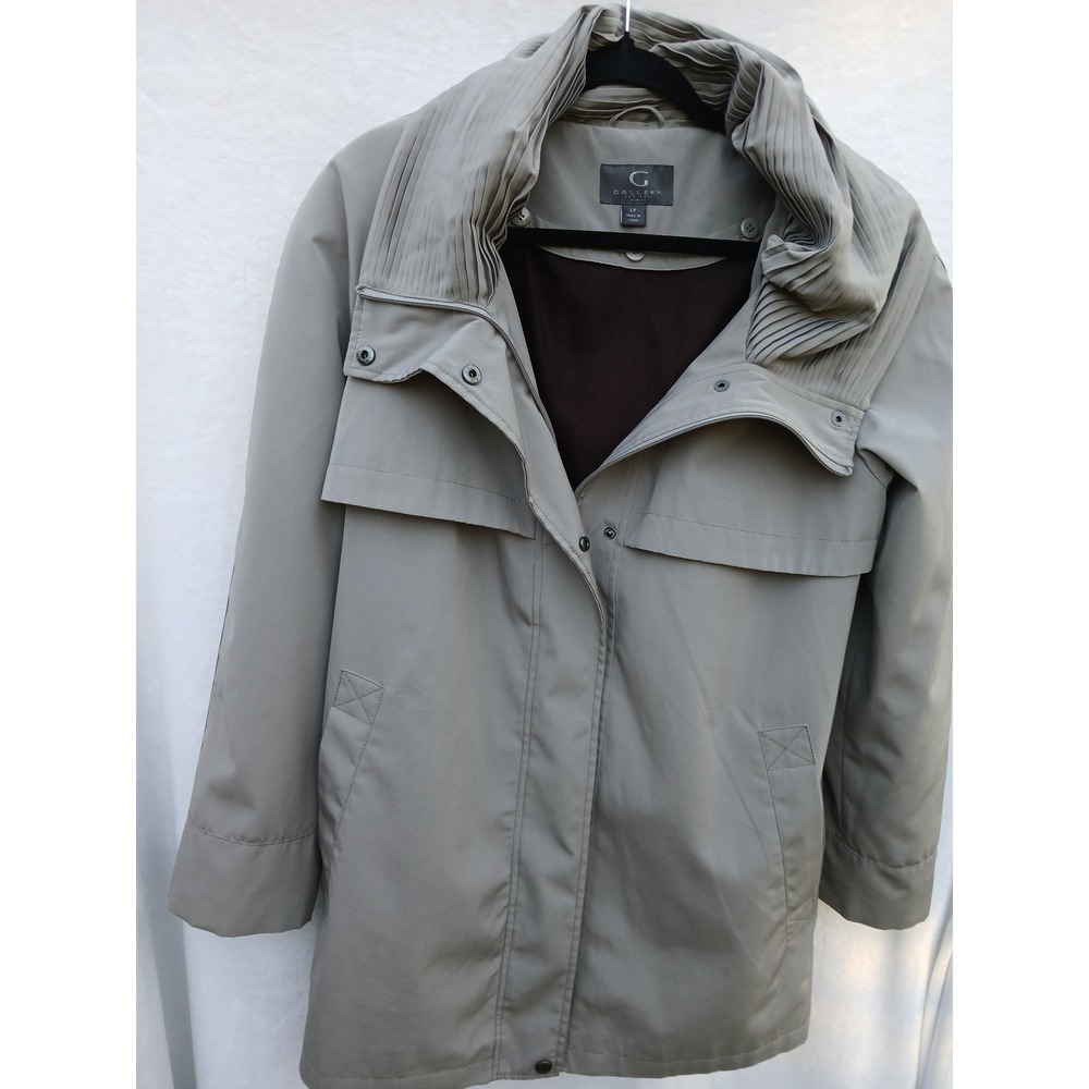 Women Rain Jacket Gallery New York LP Grey Pleated Collar Trench Coat